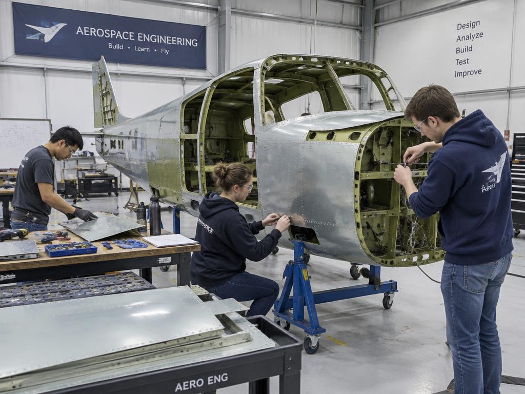 Students working on a campus airframe